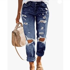 KUNMI Ripped Mid Rise Boyfriend Jeans Distressed Stretchy Denim Jeans - M